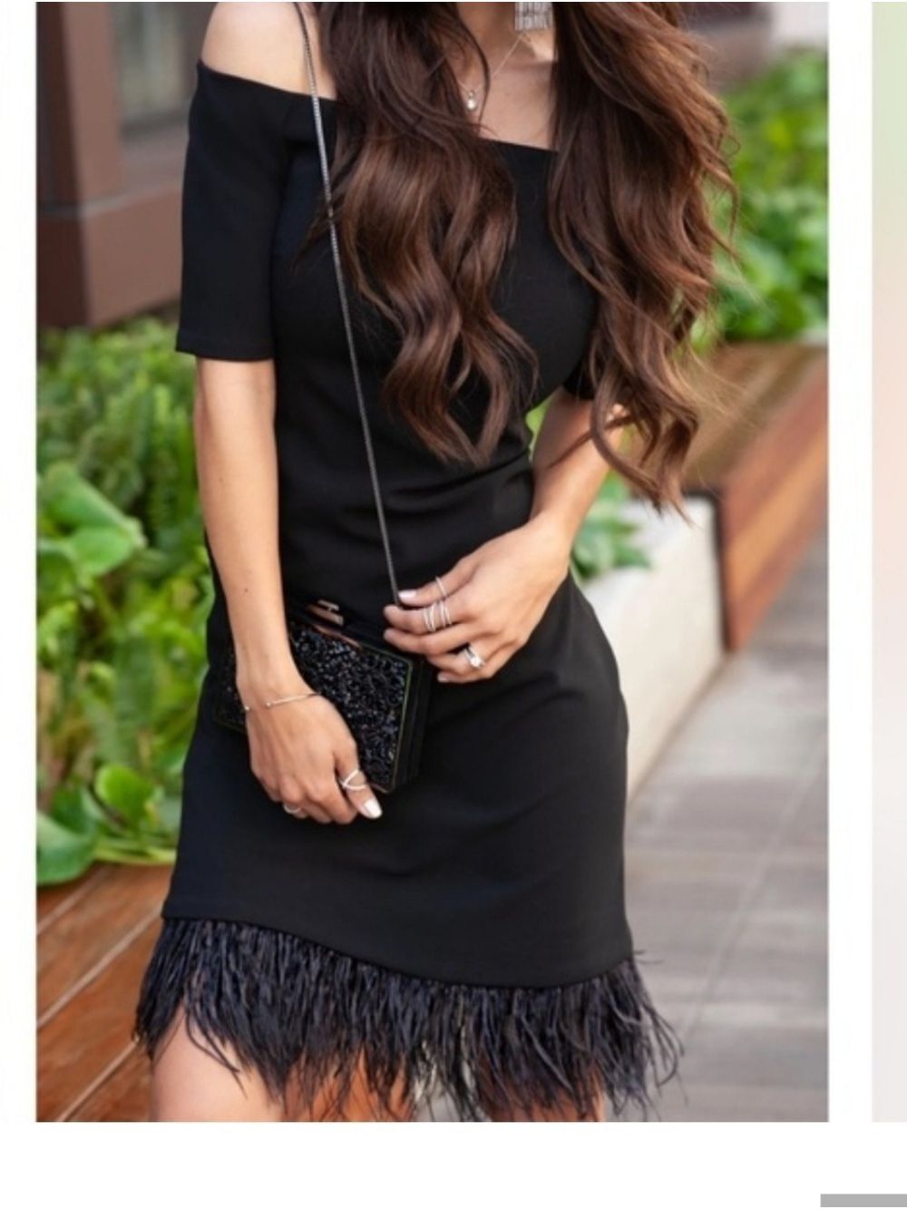 Vince Camuto Black Off Shoulder Dress Ostrich Feather Hem